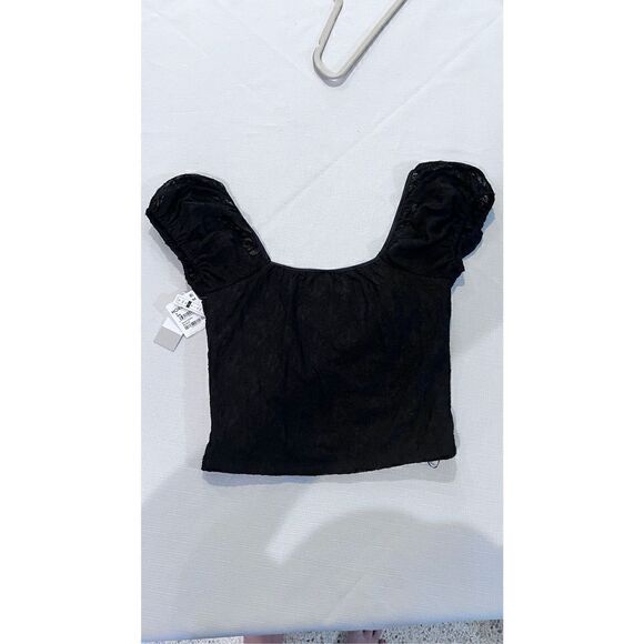 BP. Women's Off-the-Shoulder Textured Ruffle Lace Crop Top Black Size Small NWT - Picture 10 of 12